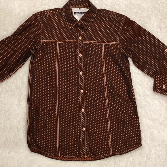 Men’s black w/ orange polka dots button-down western shirt by ALPHA FASHIONS/ M - Picture 1 of 4